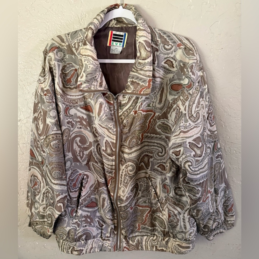 EVR Women's Paisley Zip-Front Bomber Jacket in Taupe & Rust Accents